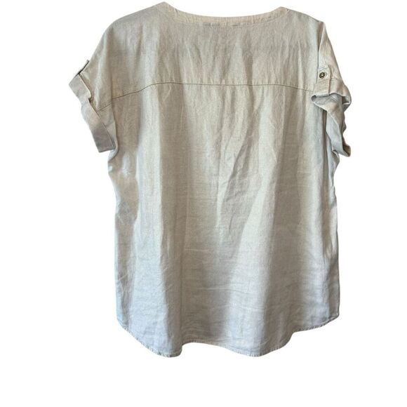 Ellen Tracy Linen Blend 3/4 Roll Tab Sleeve Gold Accent Tunic Top Sz L - Picture 2 of 5